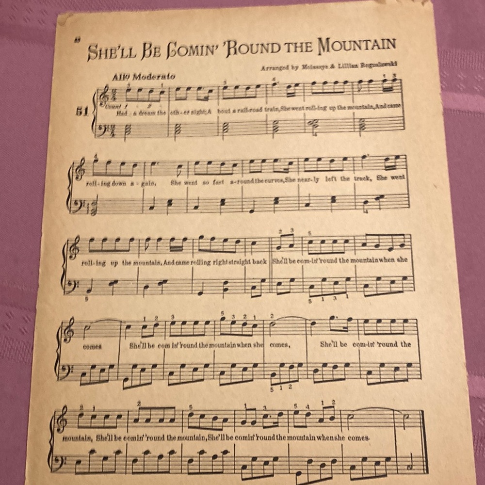 Cream and Black Vintage Sheet Music for She'll Be Comin' Round the Mountain